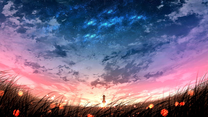 3840x2160 Anime Paysage, Coucher de soleil, Plantes, Champ, Ciel, paysage de ciel anime Fond d'écran HD