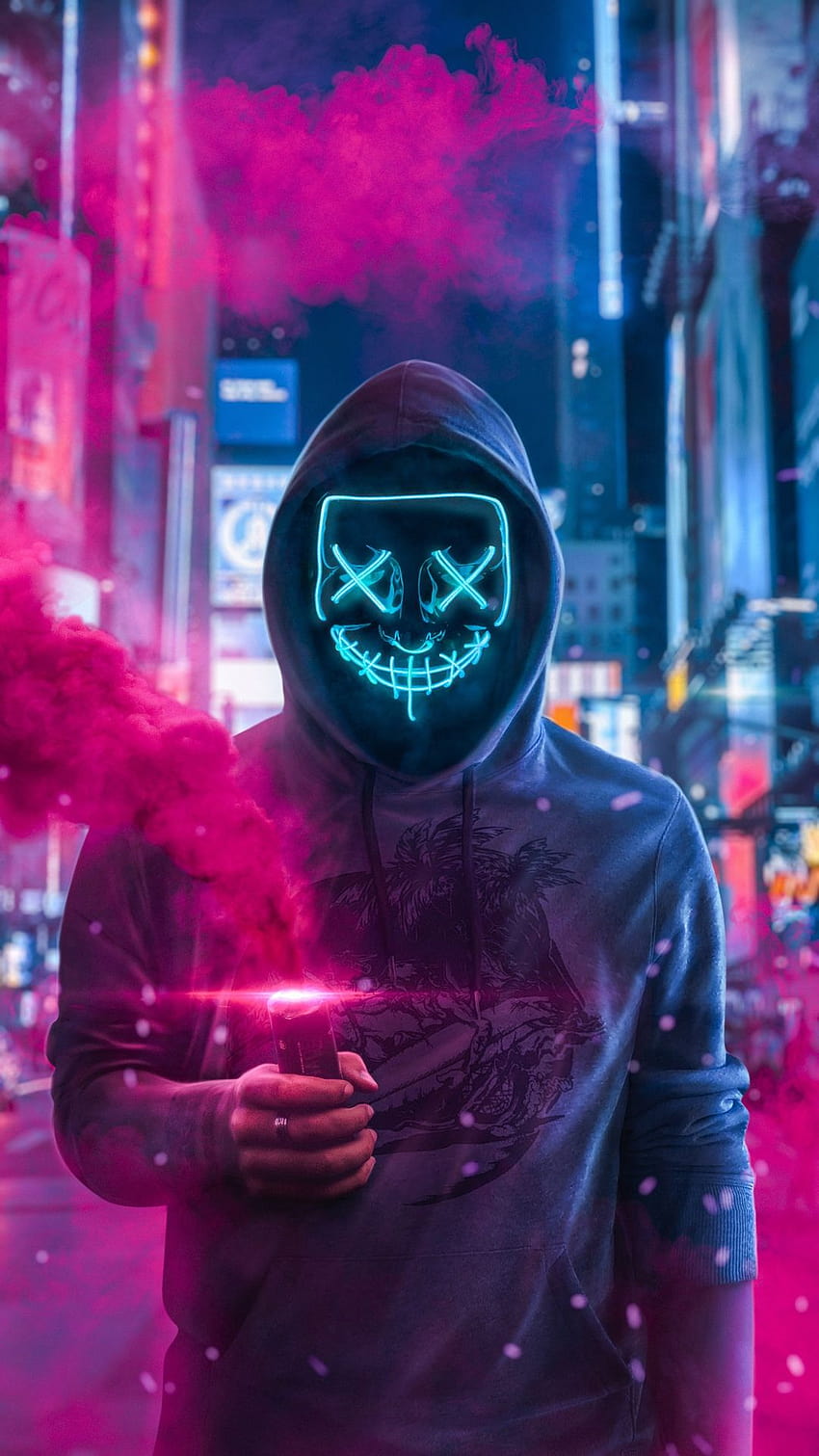 Neon Haker Mask Blue, хакерска маска неонова HD тапет за телефон