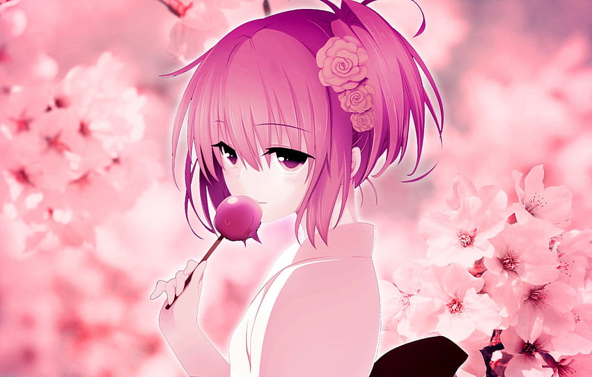 girls, Sakura, kimono, pink hair, cherry blossoms, anime, candy on the Desk , section сёдзё, candy anime HD wallpaper