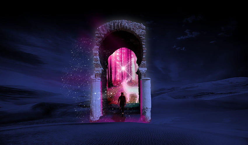 Arte gráfico digital surrealista puerta secreta a otra dimensión, o mujer surrealista etérea fondo de pantalla