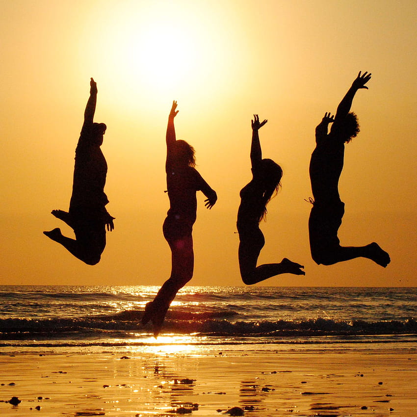 3066230 / beach, celebration, friends, group, happiness, joy, jump, ocean, people, silhouette, sun, sunset, together, vacation, group of people HD phone wallpaper