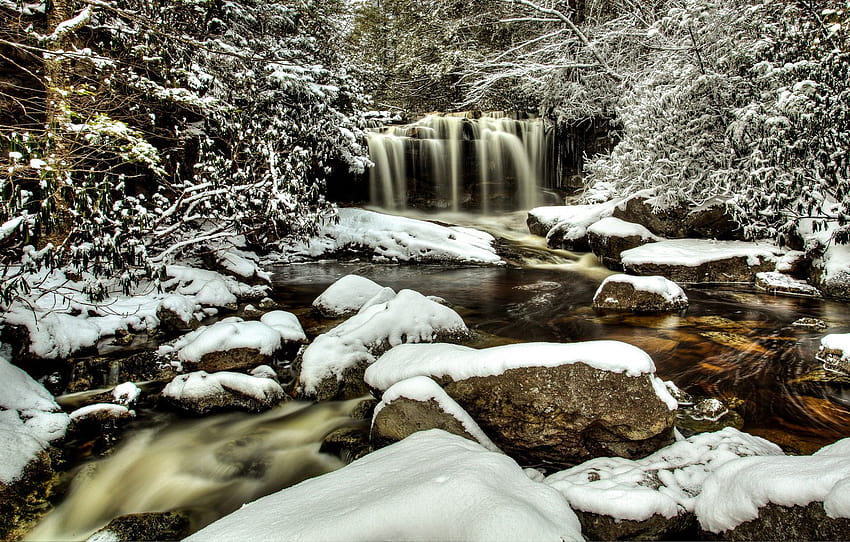 winter, forest, snow, trees, river, stones, waterfall, West Virginia, West Virginia, Blackwater Falls State Park, The Park Is Blackwater Falls, Big Run Falls, Canaan Valley , section природа, winter virginia HD wallpaper