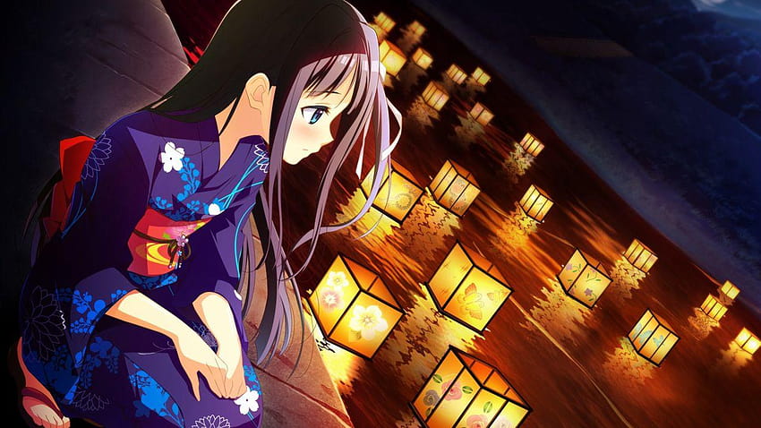 Black shooter girl anime kimono lanterns, girl and lantern HD wallpaper