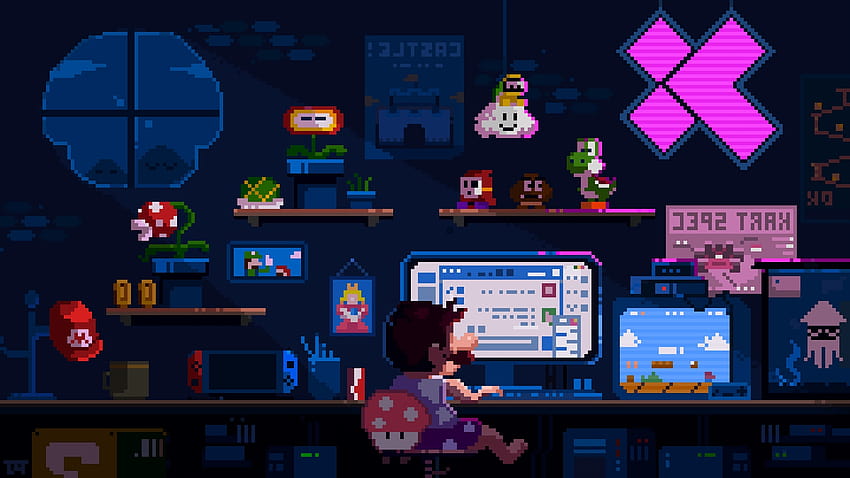 Mario, Pixel, Nintendo, Habitación, Noche, Computadora, Videojuego, dormitorio de píxeles fondo de pantalla