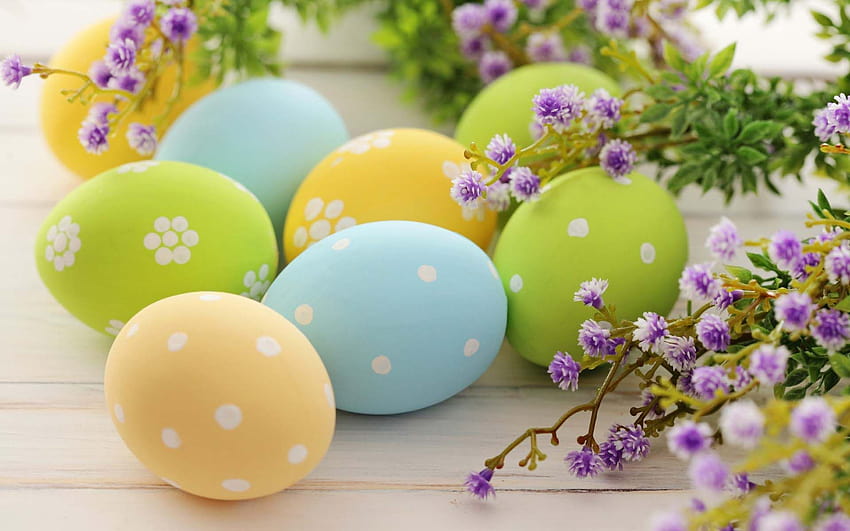 Wonderful painted Easter eggs and purple flowers HD wallpaper