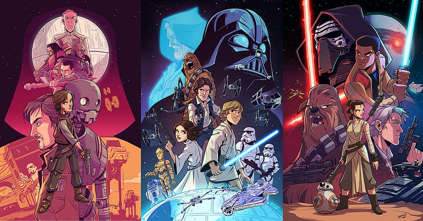 Collage de dibujos animados de películas de Star Wars, guerras de estrellas de dibujos animados fondo de pantalla