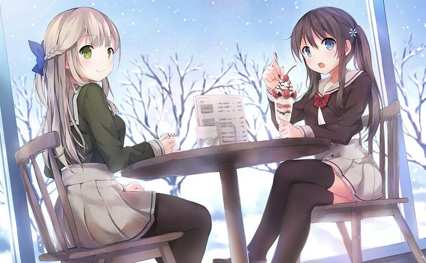 Anime Girls Snow Cafe Makan Makanan Penutup School Girls Brown, gadis anime makan kue Wallpaper HD
