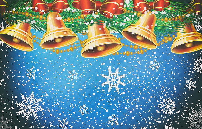 Noël, Arrière-plan, Décoration, Nouvel An, Christmas, Cloches, Flocons de neige, Hiver, Neige, Humeur, section новый год, christmas bells Fond d'écran HD