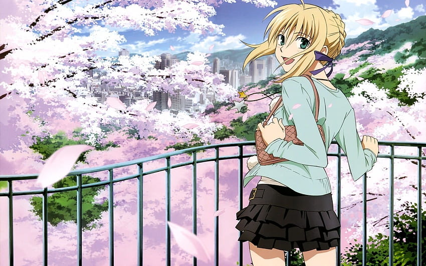 Female anime character holding bag near Cherry Blossoms, anime girls with school bag HD wallpaper