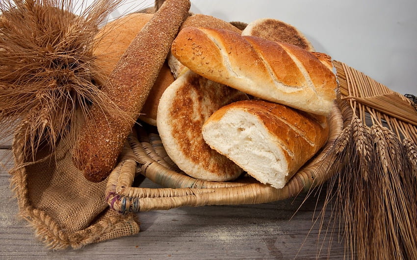 : food, basket, wheat, pastries, baguette, grass family, baked goods, whole grain, ears of corn, white bread, ciabatta 1680x1050 HD wallpaper