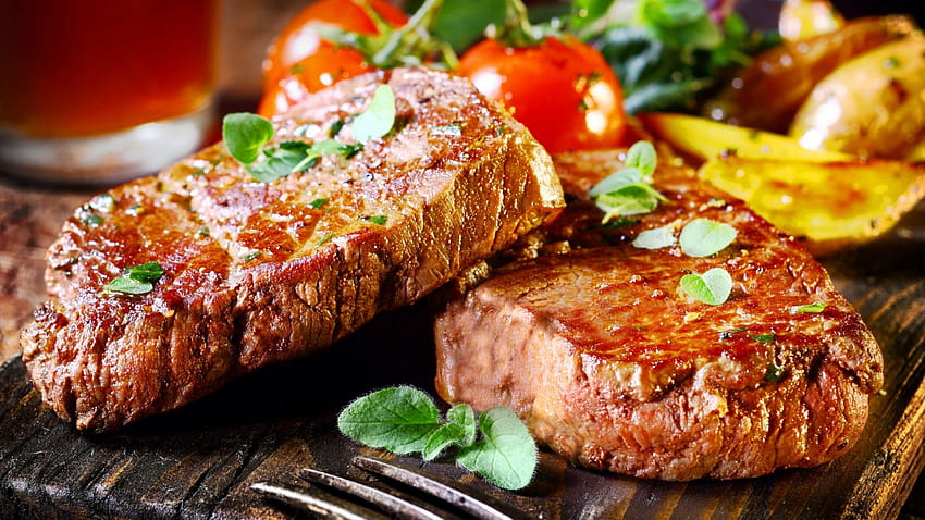 beef, steak, food, cooking, grill, vegetables, meal, meat, tomato leaves ., Food HD wallpaper