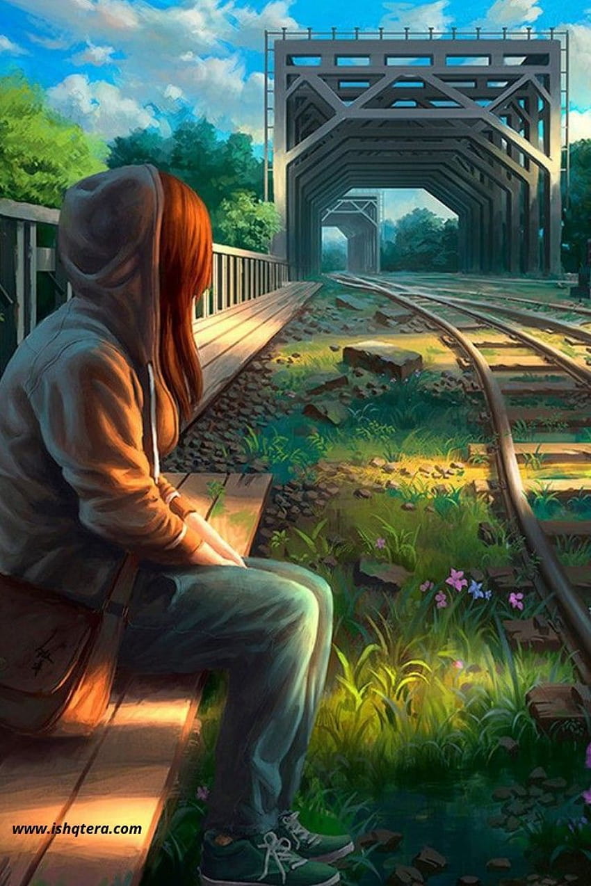 railway, anime girl sitting alone HD phone wallpaper