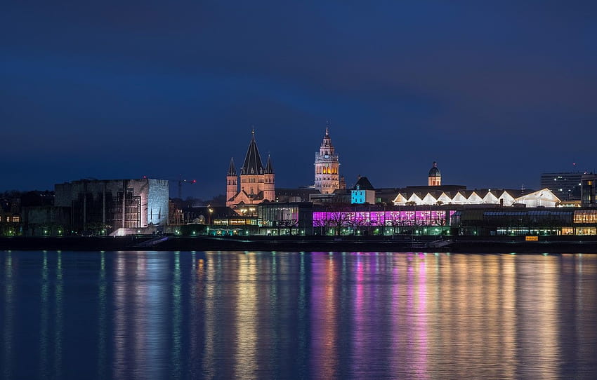 noche, luces, río, hogar, Alemania, Iglesia, paseo marítimo, Mainz fondo de pantalla