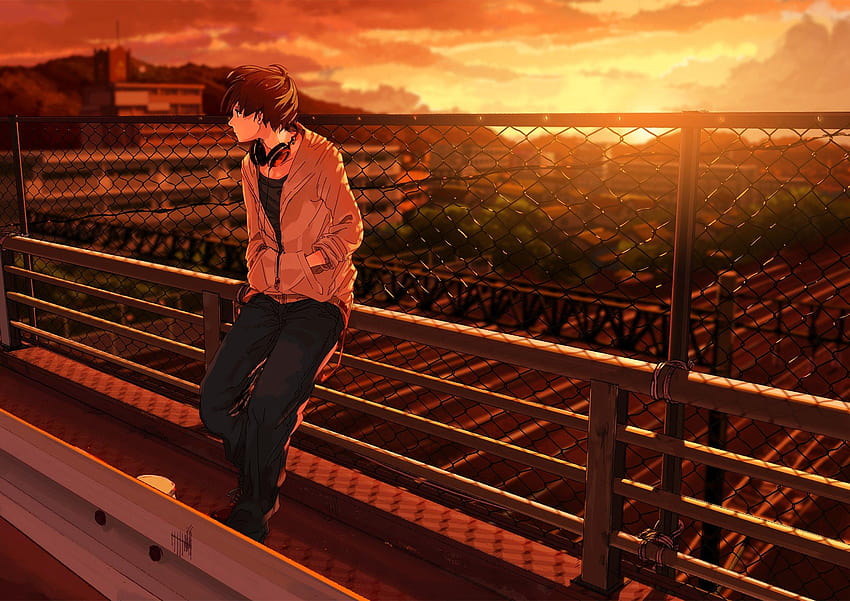 Anime zachód słońca piękna kurono, chłopiec zimowy zachód słońca Tapeta HD