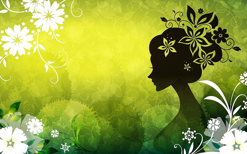 Vector women green flowers HD wallpaper