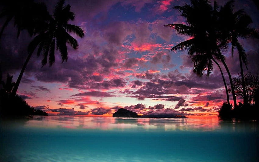 landscape, Nature, Tahiti, Sunset, Palm Trees, Island, Beach, Sea, Tropical, Sky, Clouds, Turquoise, Water / and Mobile Backgrounds, purple palm trees HD wallpaper