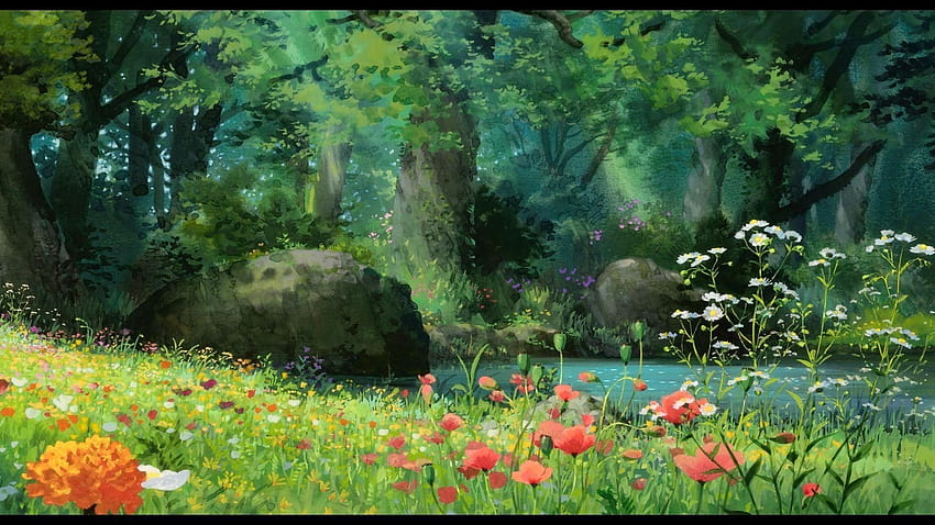 perspectiva de pintura mirando a través del bosque, perspectiva de primavera fondo de pantalla