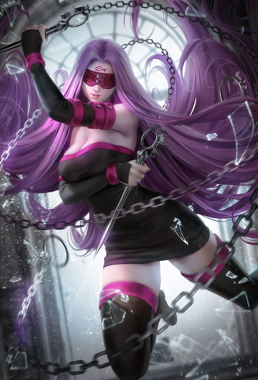 Rider Fate Stay Night Fate Series Anime Anime Girls Purple Hair Long Hair Tattoo Covered Eyes Parted, rider medusa HD phone wallpaper