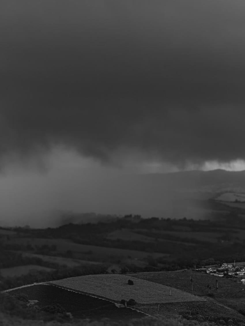 768x1024 Storm, Foggy, Village, Cropland, Monochrome HD phone wallpaper