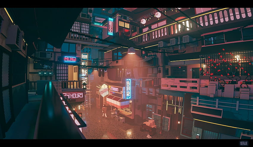 Sergey Munin Pixelkunst Neonlichter digitale Kunst Stadtlichter, künstlerische Gebäudepixelkunst HD-Hintergrundbild
