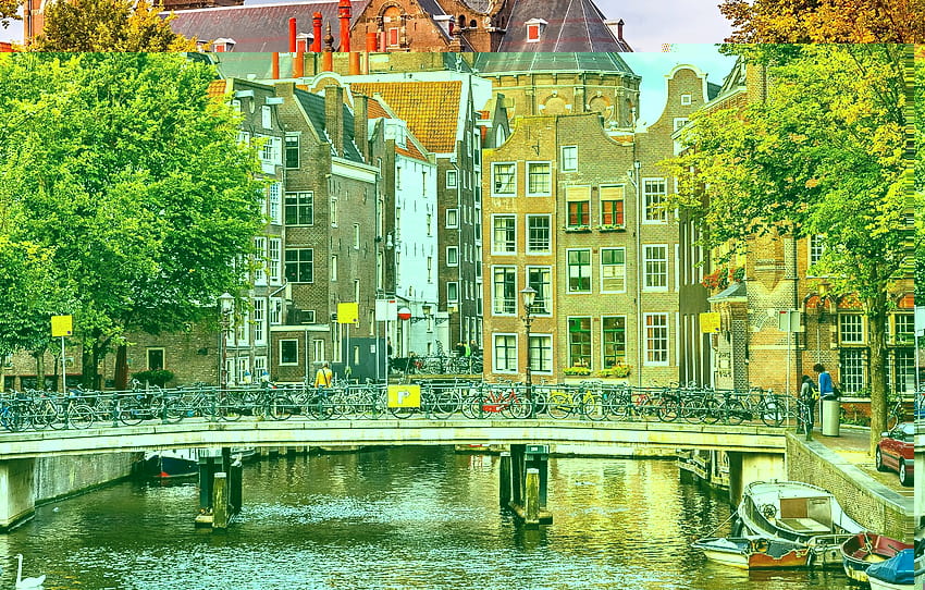 ฤดูใบไม้ร่วง ต้นไม้ สะพาน เมือง แม่น้ำ คน อาคาร บ้าน เรือ อัมสเตอร์ดัม ช่อง เนเธอร์แลนด์ สถาปัตยกรรม อัมสเตอร์ดัม จักรยาน Nederland หมวด город อัมสเตอร์ดัม วอลล์เปเปอร์ HD