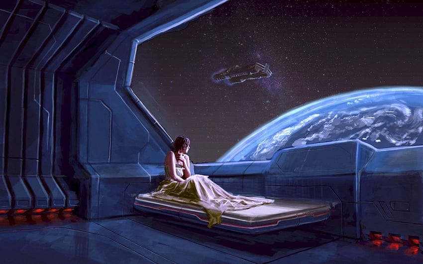 Sci Fi Futuristic Space Planets Window View Scenic Stars Women Girl, spazio futuristico Sfondo HD