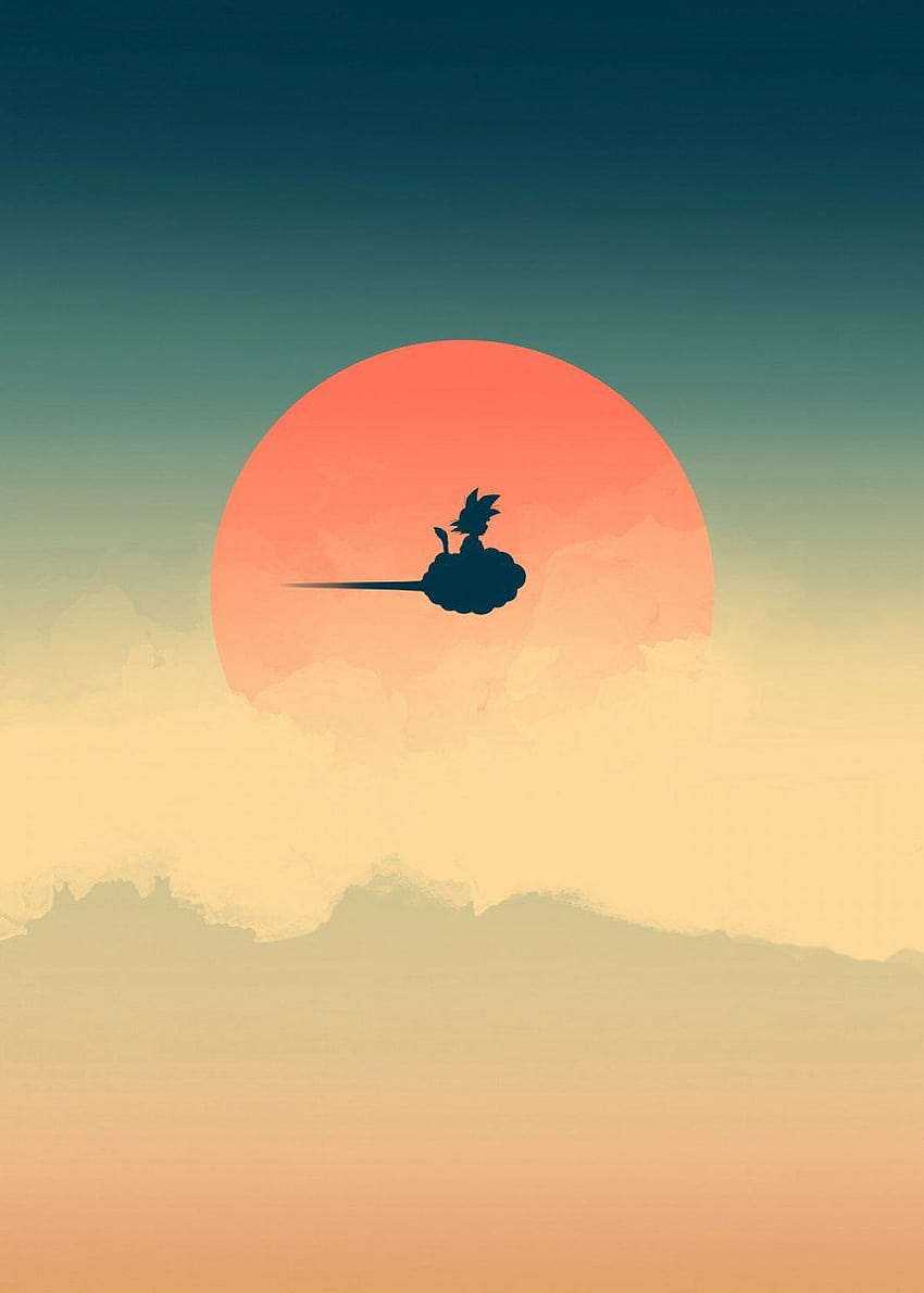 Minimalistischer Goku, der Nimbus-Wolke im Sonnenuntergang reitet HD-Handy-Hintergrundbild