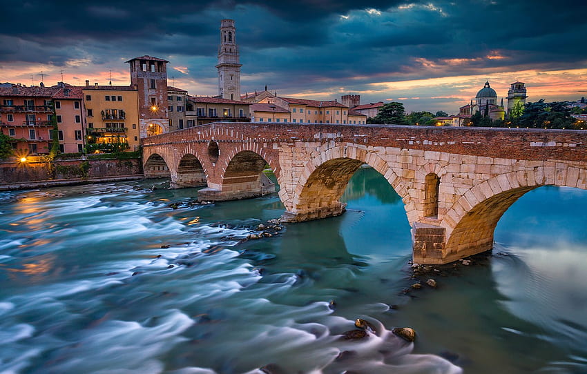 Brücke, Fluss, Gebäude, Italien, Italien, Verona, Verona, Venetien, Etsch, die Etsch, die Steinerne Brücke, die Ponte Pietra, Abschnitt город HD-Hintergrundbild