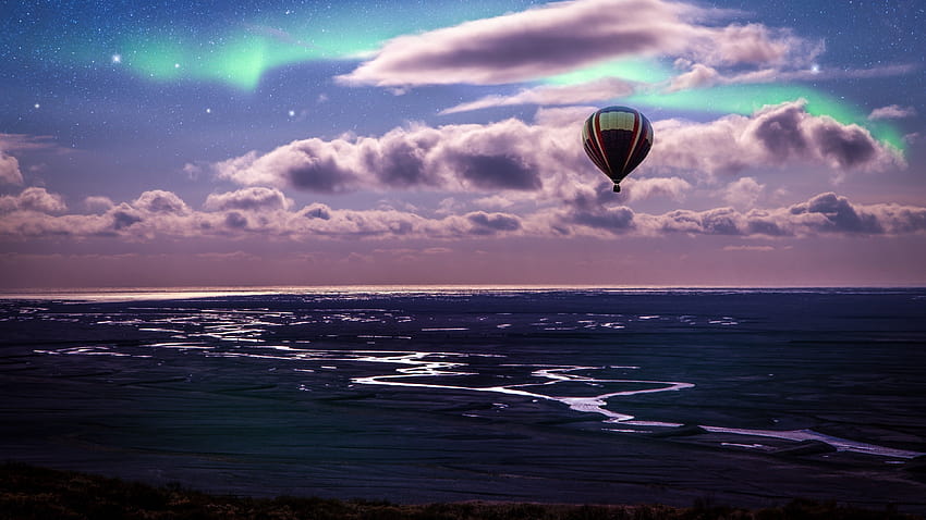 Hot air balloon , Aurora Borealis, Northern Lights, Clouds, Landscape, Dusk, Starry sky, Nature HD wallpaper