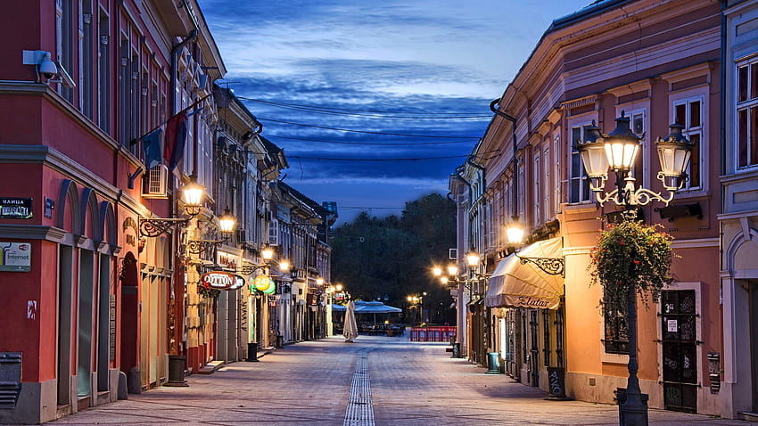 Novi Sad, Serbia, evening, street, lights, clouds 2560x1600 HD wallpaper
