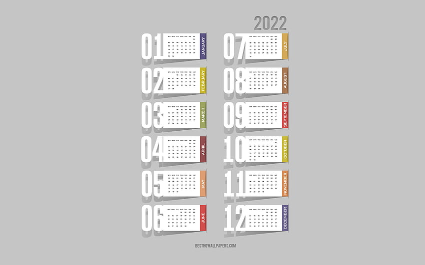 Calendario anno 2022, elementi cartacei, Calendario 2022, arte cartacea, calendario 2022 tutti i mesi, sfondi grigi con risoluzione 3840x2400. Alta qualità, calendario 2022 Sfondo HD