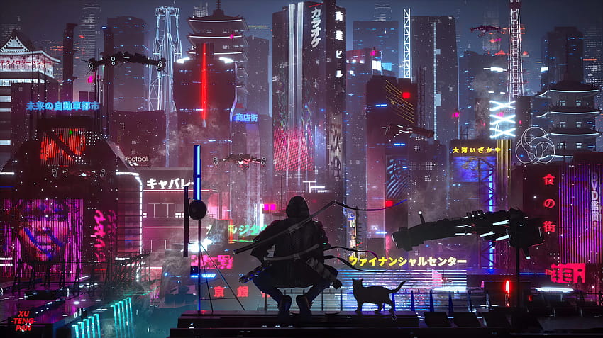 Cat City Cyberpunk Futuristic Man Skyscraper, cyberpunk tokyo HD wallpaper
