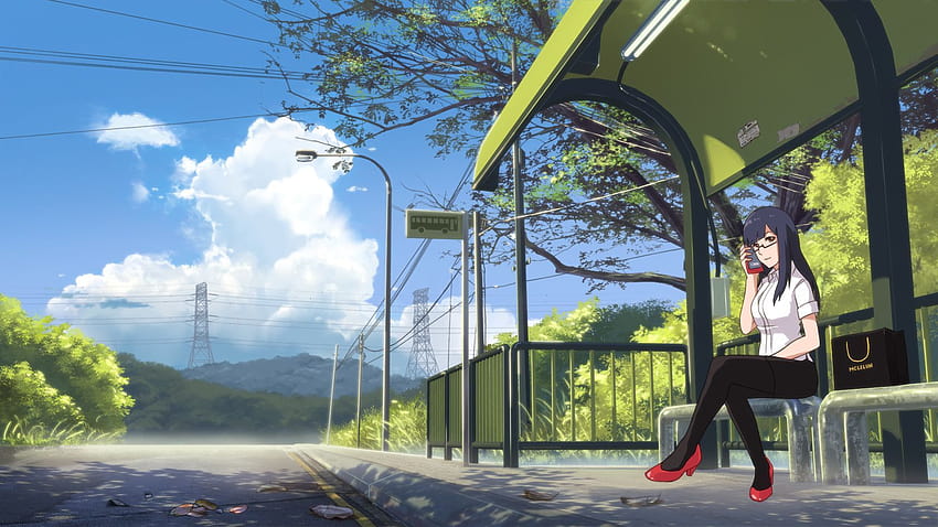 Painting Anime Bus Stop Scene HD wallpaper