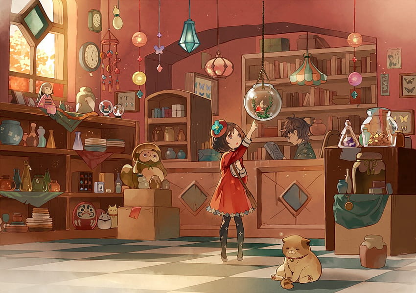 : illustration, anime girls, original characters, stores, peaceful, screenshot 1100x777, calm anime HD wallpaper