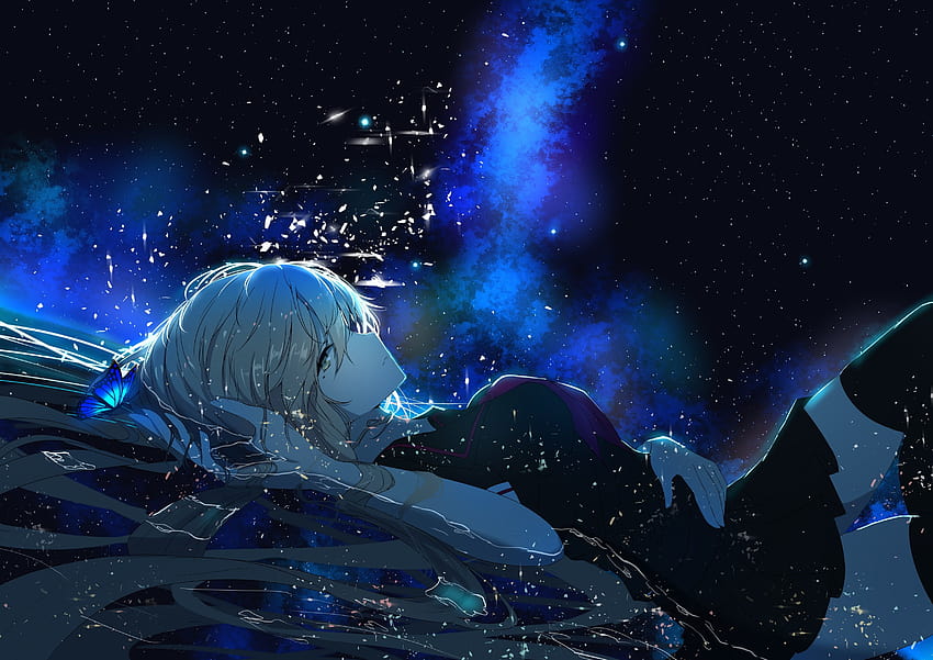 : anime girl, lying down, butterfly, profile view, stars, night, anime ...