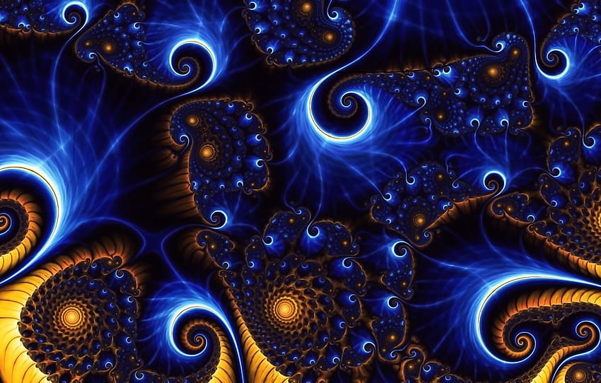 blue, yellow, abstraction, fantasy, pattern, fractals, figure, black background, glowing swirls , section абстракции, blue black yellow pattern HD wallpaper