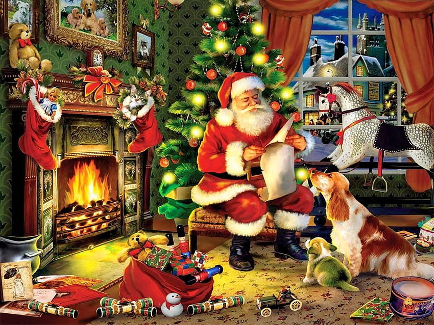 Santa Claus holding white paper near on fireplace painting, santa carrying toys HD wallpaper