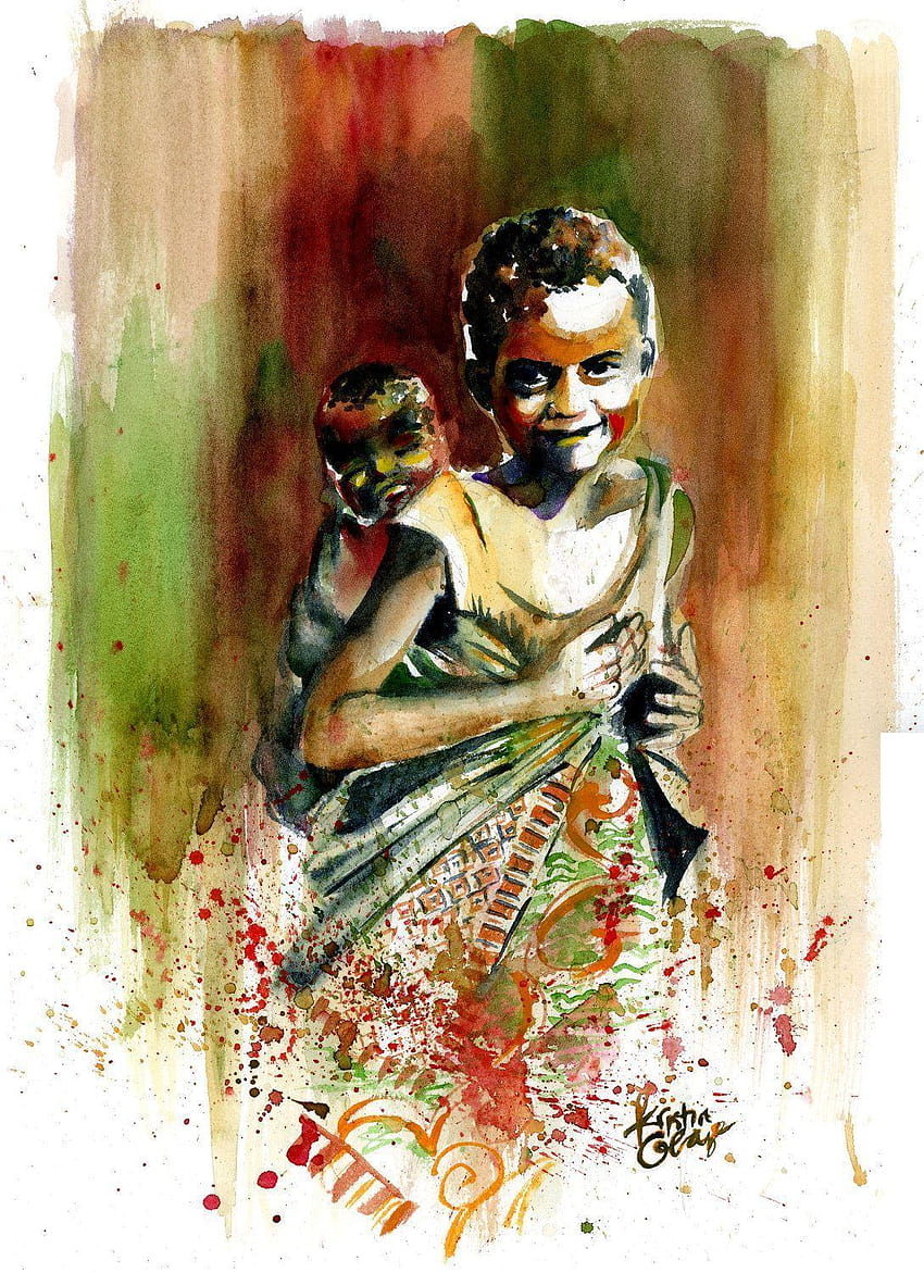 オリジナルの水彩画西アフリカの子供たちの壁アート、西アフリカのアート HD電話の壁紙