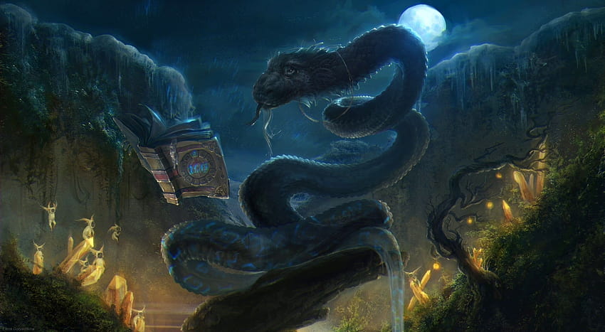 Dragon illustration , fantasy art, artwork, snake, Moon, sea snake HD wallpaper