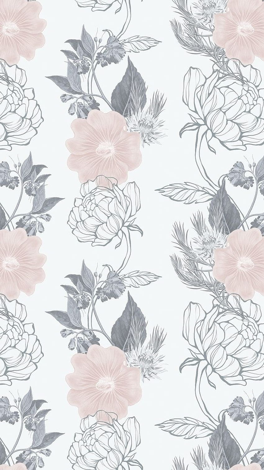Hand drawn dull pink and gray flower pattern on an off white backgrounds, pink and grey HD phone wallpaper