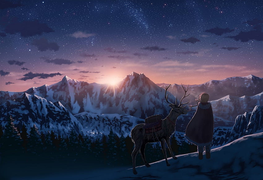 Anime Original Mountain Nature Cloud Horns Sky Sun Sunset Girl Deer Stars Winter Landscape, mountain anime HD wallpaper