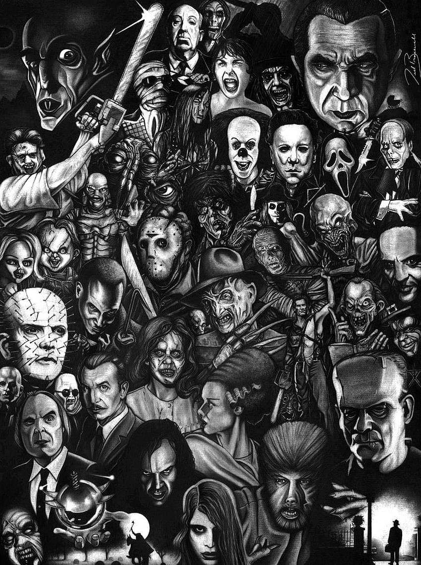 Collage de películas de terror, personajes de películas de terror fondo de pantalla del teléfono