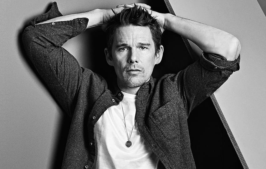 pose, portrait, actor, black and white, shirt, ethan hawke HD wallpaper