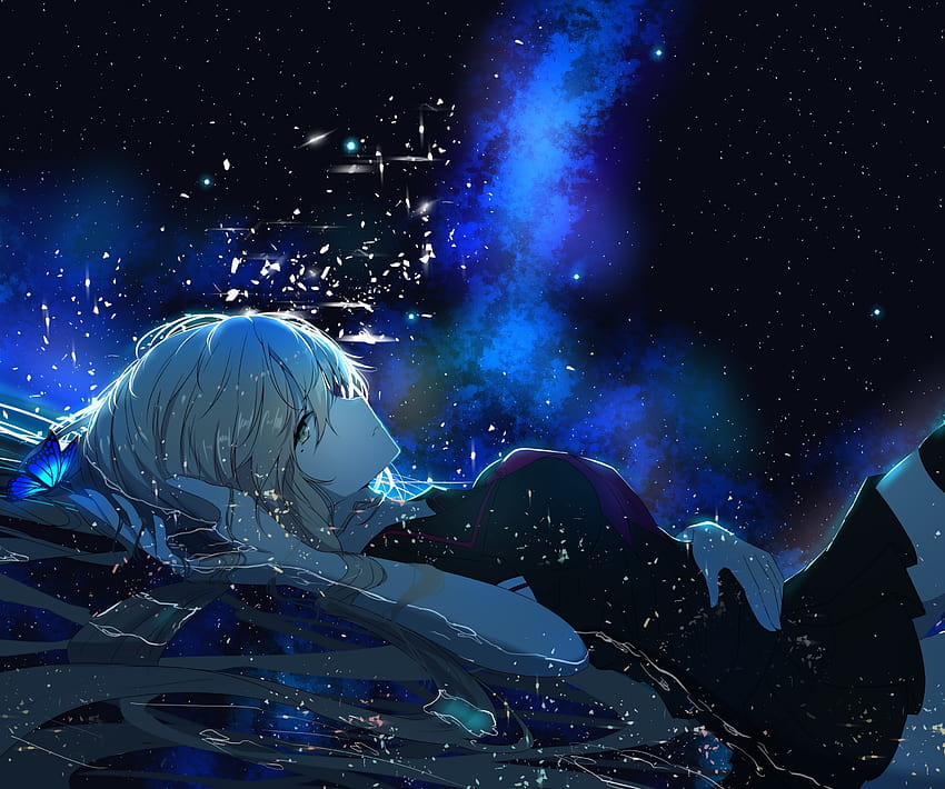 2947x2460 Anime Girl, Lying Down, Butterfly, Profile View, Stars, anime ...