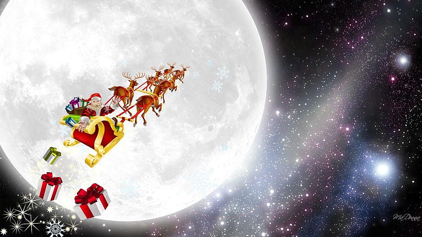 Winter Christmas Sleigh Eve Moon Reindeers Spirit Dropping Sky Gifts, santas sleigh in the sky HD wallpaper