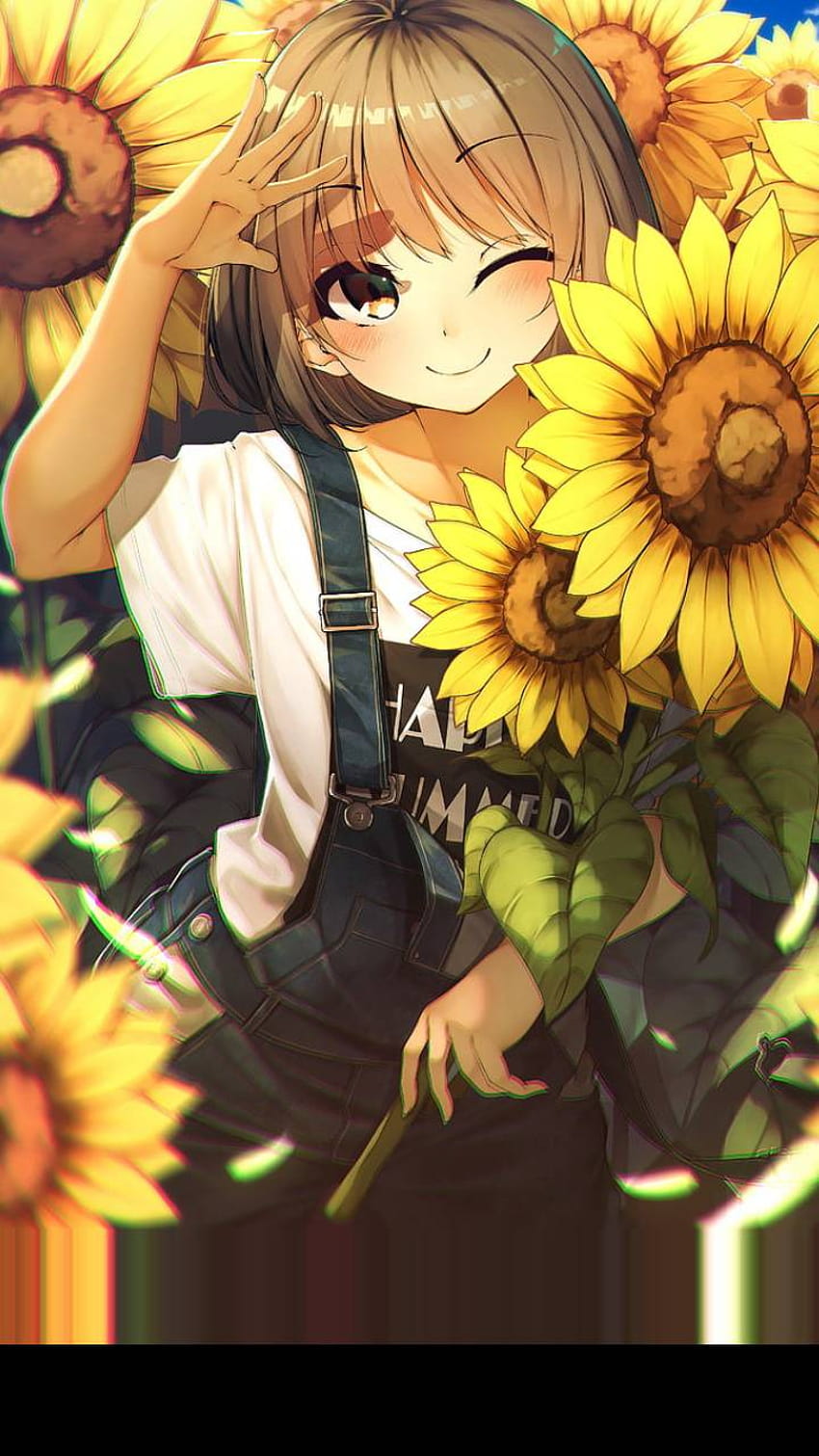 Kawaii Anime girl with sunflower and Braids