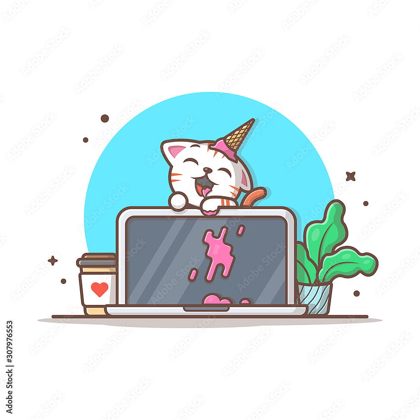 Il gatto sveglio mangia il gelato sul computer portatile con l'illustrazione di vettore della pianta e del caffè. Icona dell'ufficio. Scrivania. Stile cartone animato piatto adatto per pagina di destinazione Web, banner, volantino, adesivo, carta, sfondi stock vettoriale, gatto gelato Sfondo del telefono HD