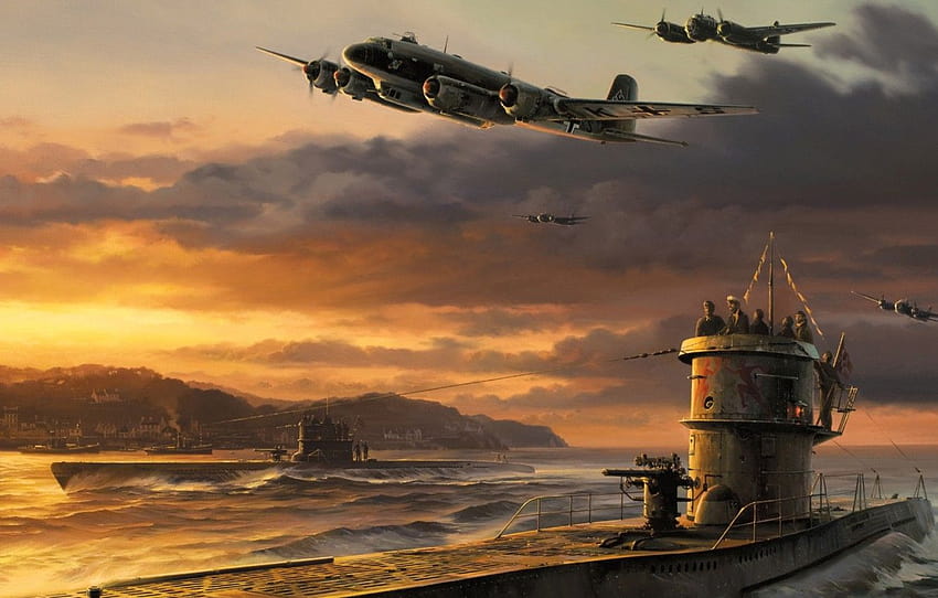 war, art, airplanes, painting, drawing, ww2, junker ju 88, germans bomber, german u, u boat HD wallpaper