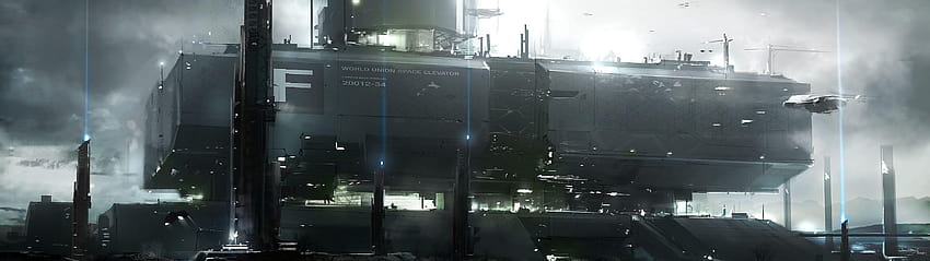 Futuristic Dystopia Space Elevator Dual Screen HD wallpaper