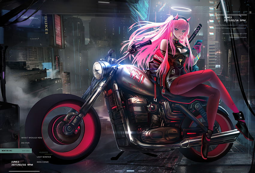 : Аниме момиче Zero Two, аниме мотоциклет HD тапет